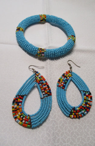 Turquoise Kumihimo Bracelet 6.5-8" wrist (Maasai Tribe) w/earrings